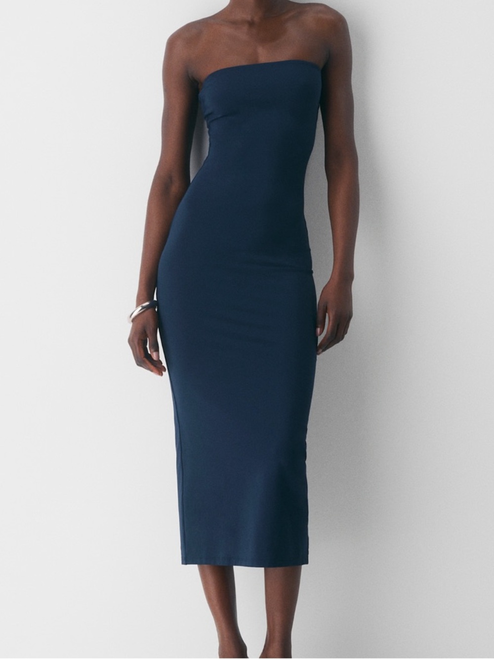 Aritzia Strapless Navy Midi Dress - Sleek Elegant Silhouette